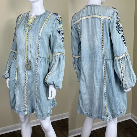 Double D Ranch Dresses & Skirts - Double D Ranch Women's Size M Denim Floral Embroidered Linen Dress Western Boho